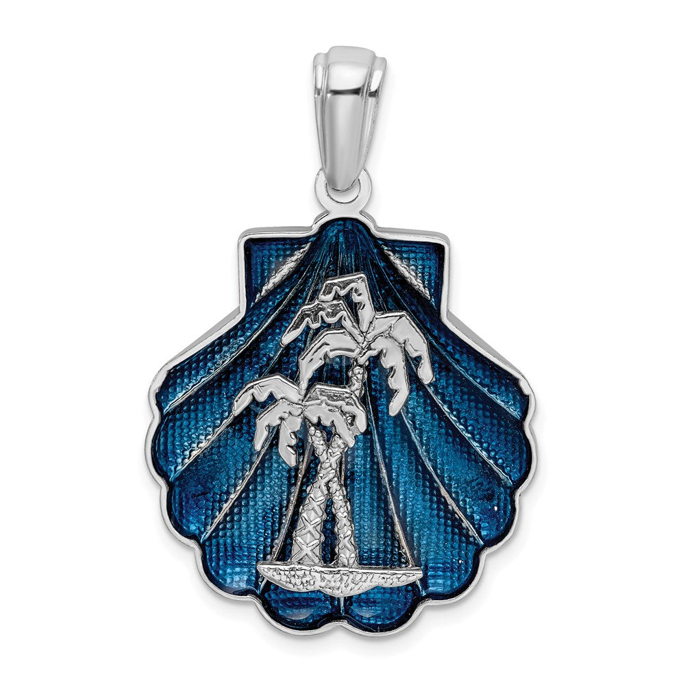 Sterling Silver Rhodium-plated Enamel Blue Shell w/Palm Trees Pendant
