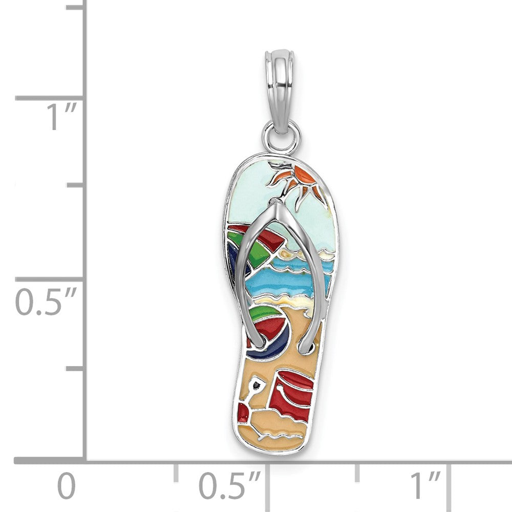 Sterling Silver Rhodium-plated 3D Enamel Beach Scene Flip-flop Pendant