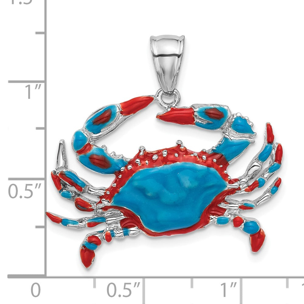 Sterling Silver Rhodium-plated Polished Enameled Blue Crab Pendant