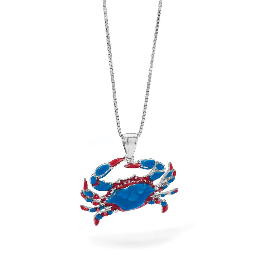 Sterling Silver Rhodium-plated Polished Enameled Blue Crab Pendant