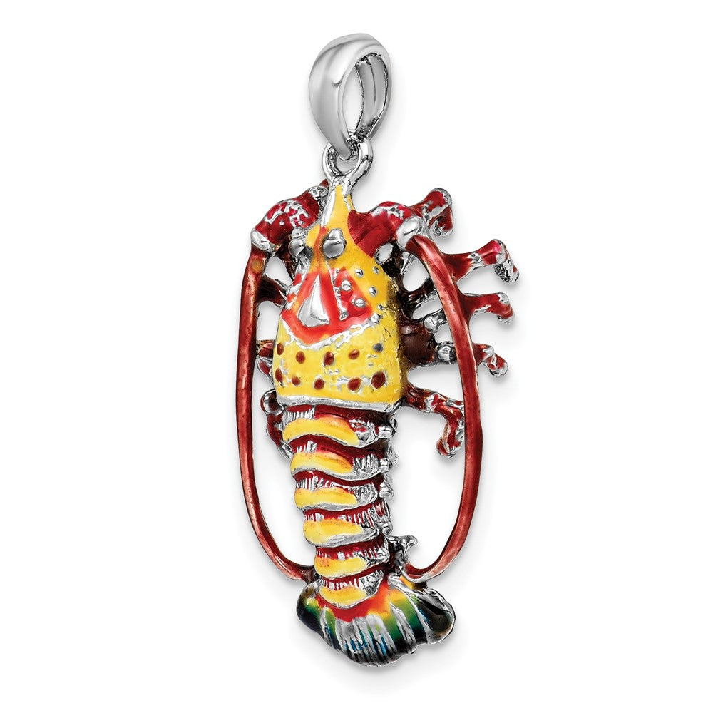 Sterling Silver Rhodium-plated Polished Enamel Florida Lobster Pendant