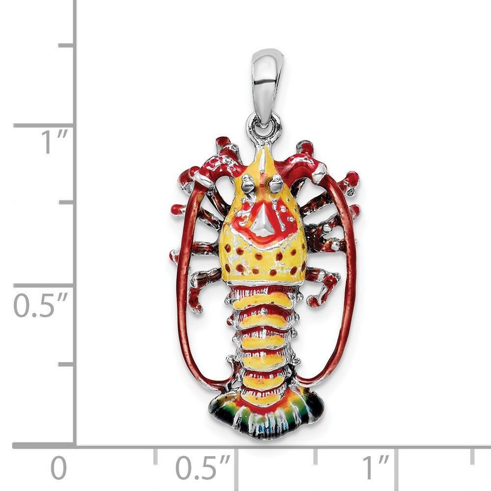 Sterling Silver Rhodium-plated Polished Enamel Florida Lobster Pendant
