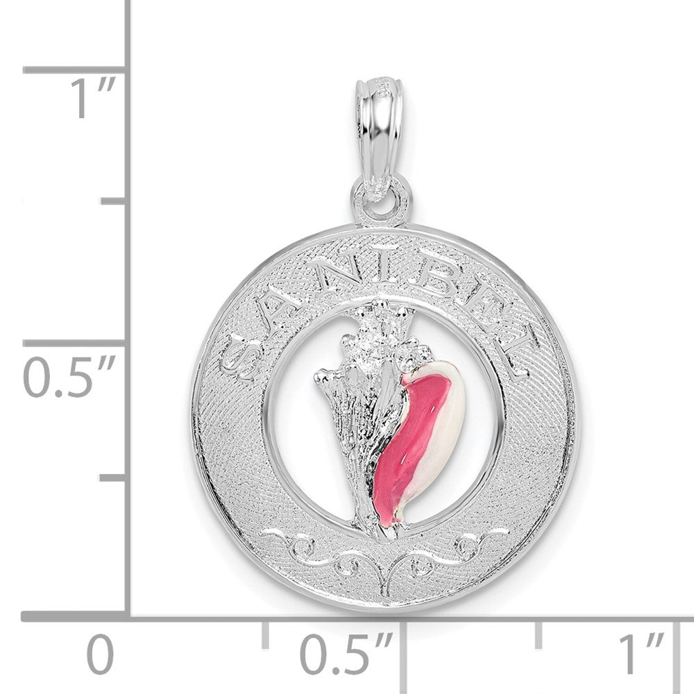 Sterling Silver Rhodium-plated Enameled Sanibel Circle w/Shell Pendant