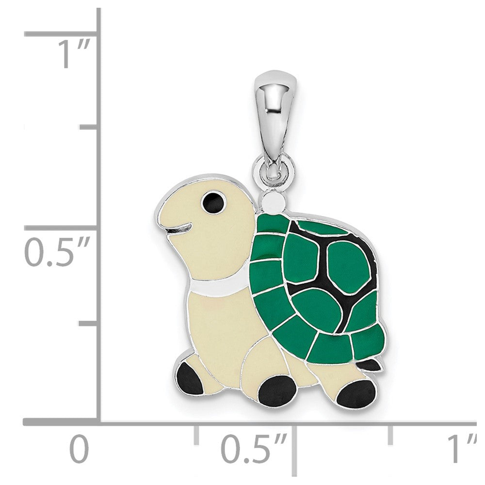 Sterling Silver Rhodium-plated Polished Enameled Green Turtle Pendant