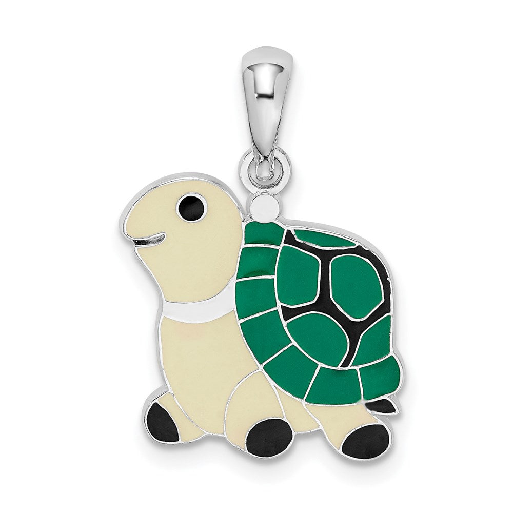 Sterling Silver Rhodium-plated Polished Enameled Green Turtle Pendant