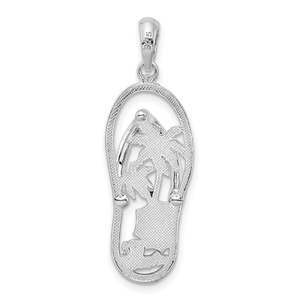 Sterling Silver Rhodium-plated Enameled Beach Scene Flip-flop Pendant