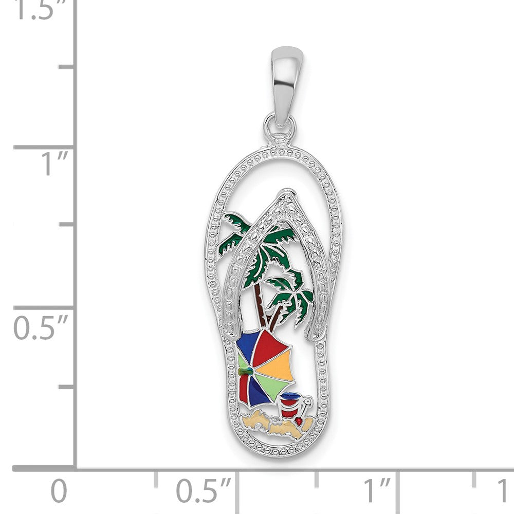 Sterling Silver Rhodium-plated Enameled Beach Scene Flip-flop Pendant