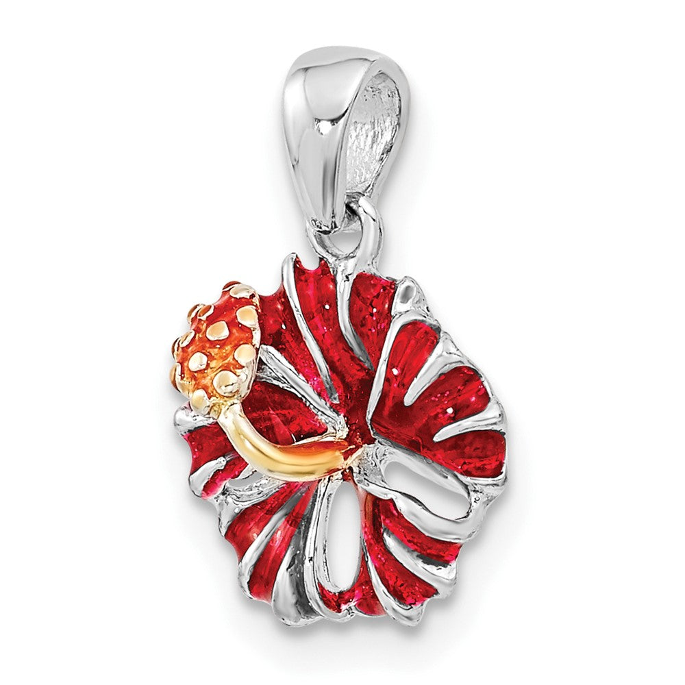Sterling Silver Rhodium-plated Polished Enameled Red Hibiscus Pendant