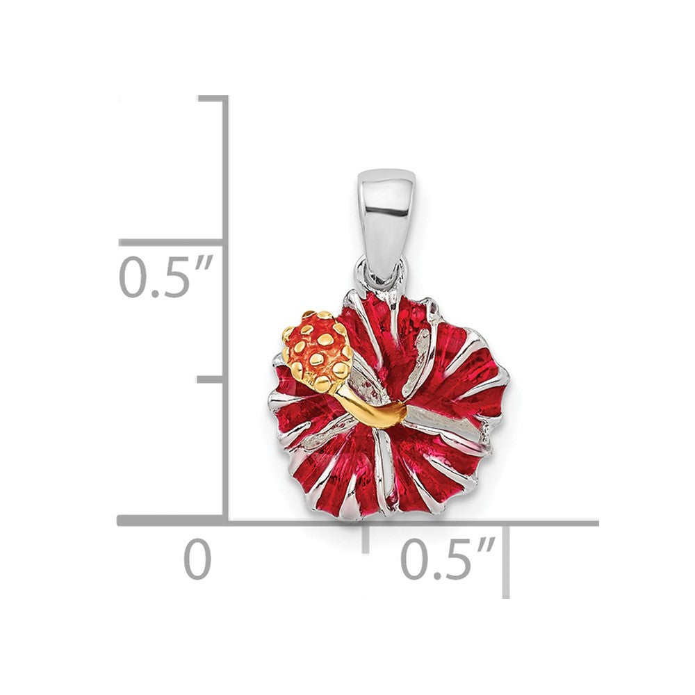 Sterling Silver Rhodium-plated Polished Enameled Red Hibiscus Pendant
