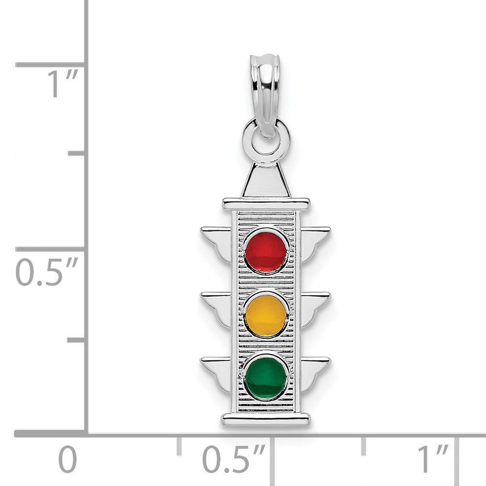 Sterling Silver Rhodium-plated Polished Enameled Traffic Light Pendant