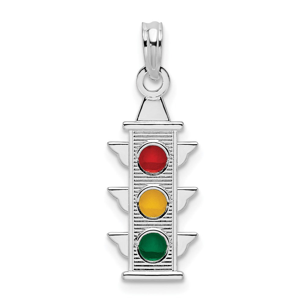 Sterling Silver Rhodium-plated Polished Enameled Traffic Light Pendant
