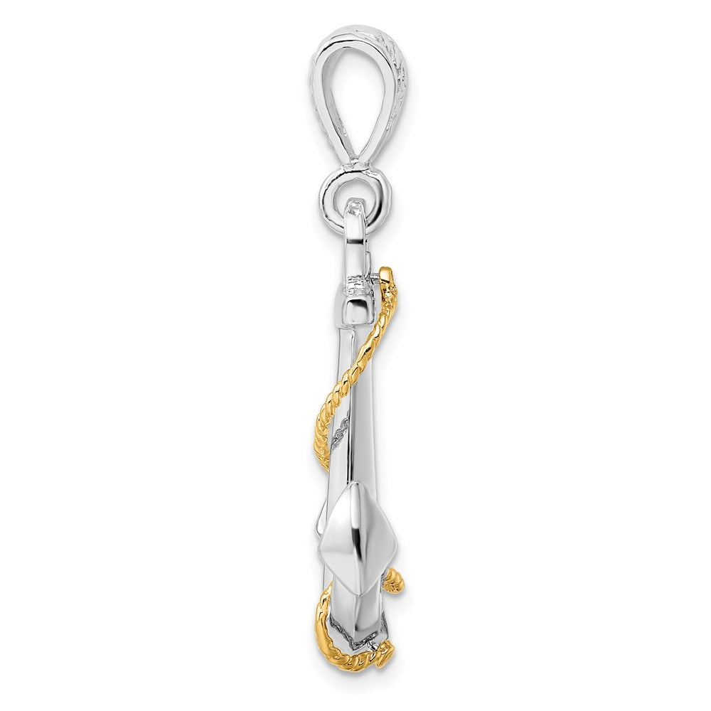 Sterling Silver Rhodium-plated Polished 3D Anchor w/14k Rope Pendant