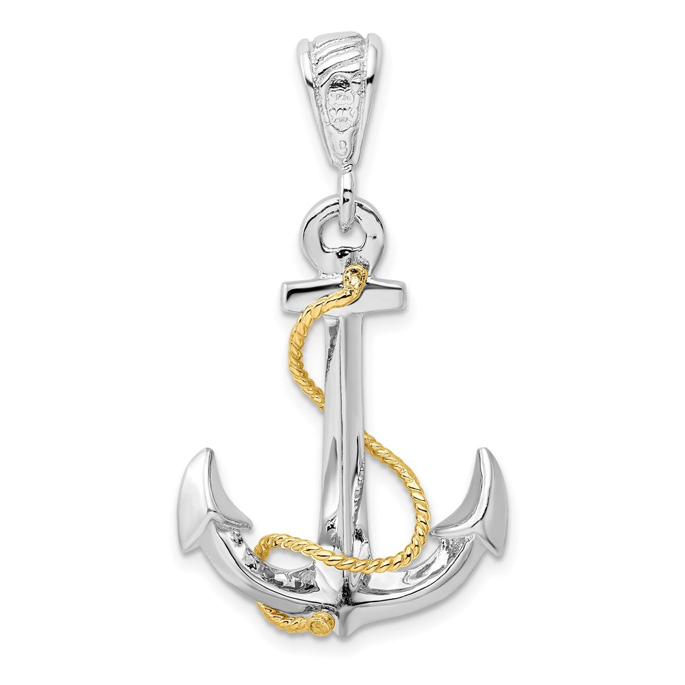 Sterling Silver Rhodium-plated Polished 3D Anchor w/14k Rope Pendant