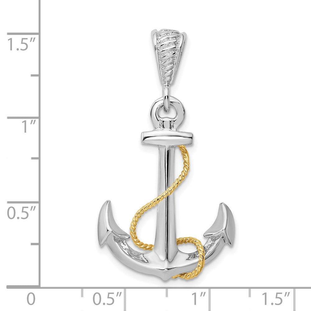 Sterling Silver Rhodium-plated Polished 3D Anchor w/14k Rope Pendant