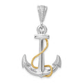 Sterling Silver Rhodium-plated Polished 3D Anchor w/14k Rope Pendant