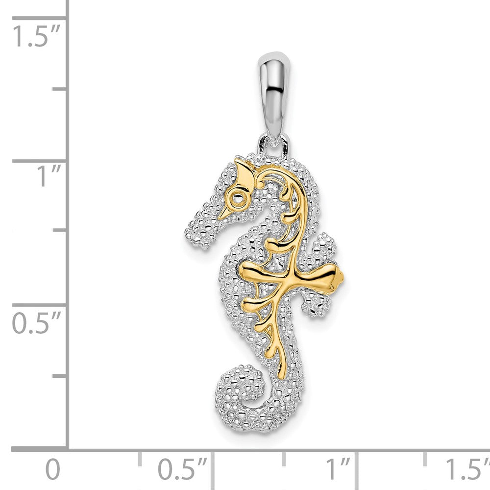 Sterling Silver Rhodium-plated 3D Lg. Seahorse w/14k Accent Pendant