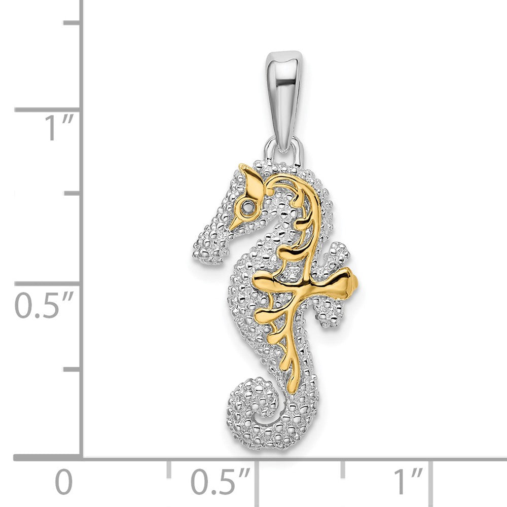 Sterling Silver Rhodium-plated 3D Seahorse w/14k Accent Pendant