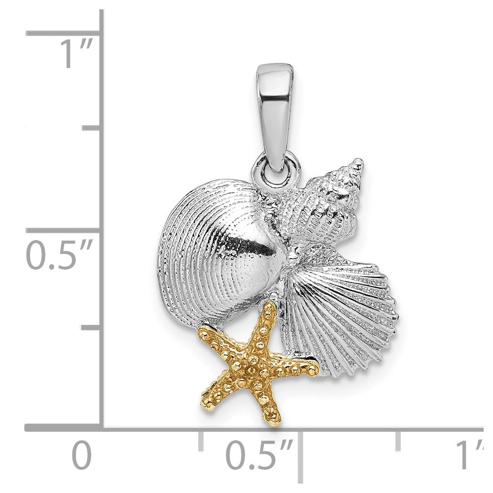 Sterling Silver Rhodium-plated Polished Shells w/14k Starfish Pendant