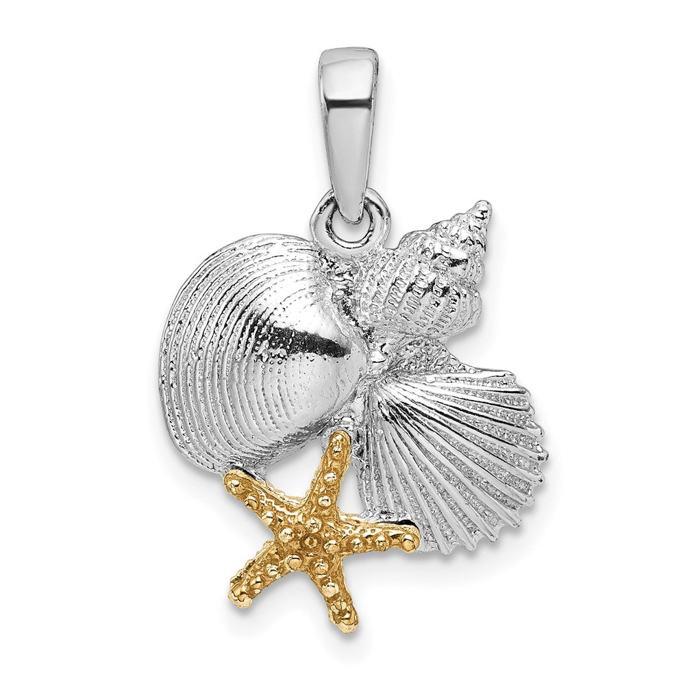 Sterling Silver Rhodium-plated Polished Shells w/14k Starfish Pendant