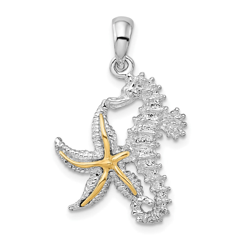 Sterling Silver Rhodium-plated Seahorse/Starfish w/14k Pendant