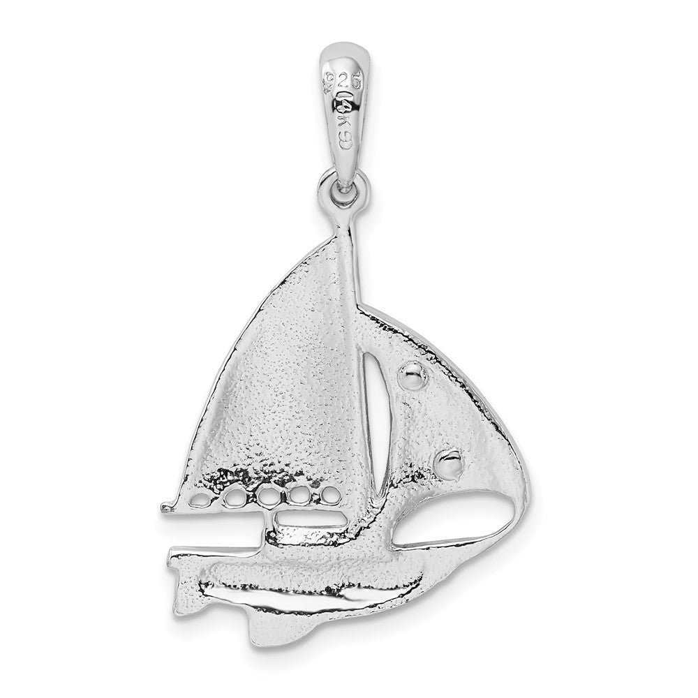 Sterling Silver Rhodium-plated Polished Sailboat w/14k Sail Pendant