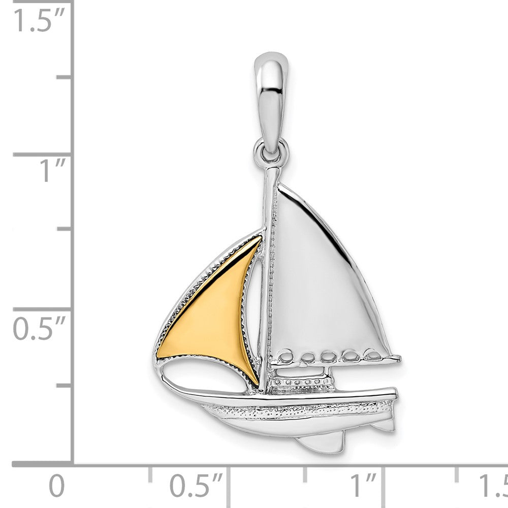 Sterling Silver Rhodium-plated Polished Sailboat w/14k Sail Pendant