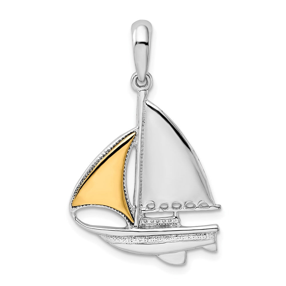 Sterling Silver Rhodium-plated Polished Sailboat w/14k Sail Pendant