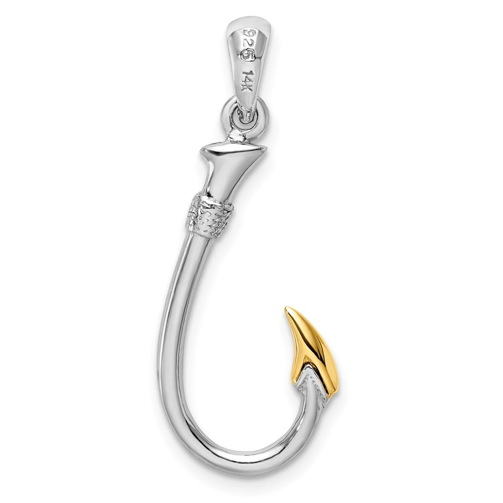 Sterling Silver Rhodium-plated 3D Fish Hook w/14k Accent Pendant