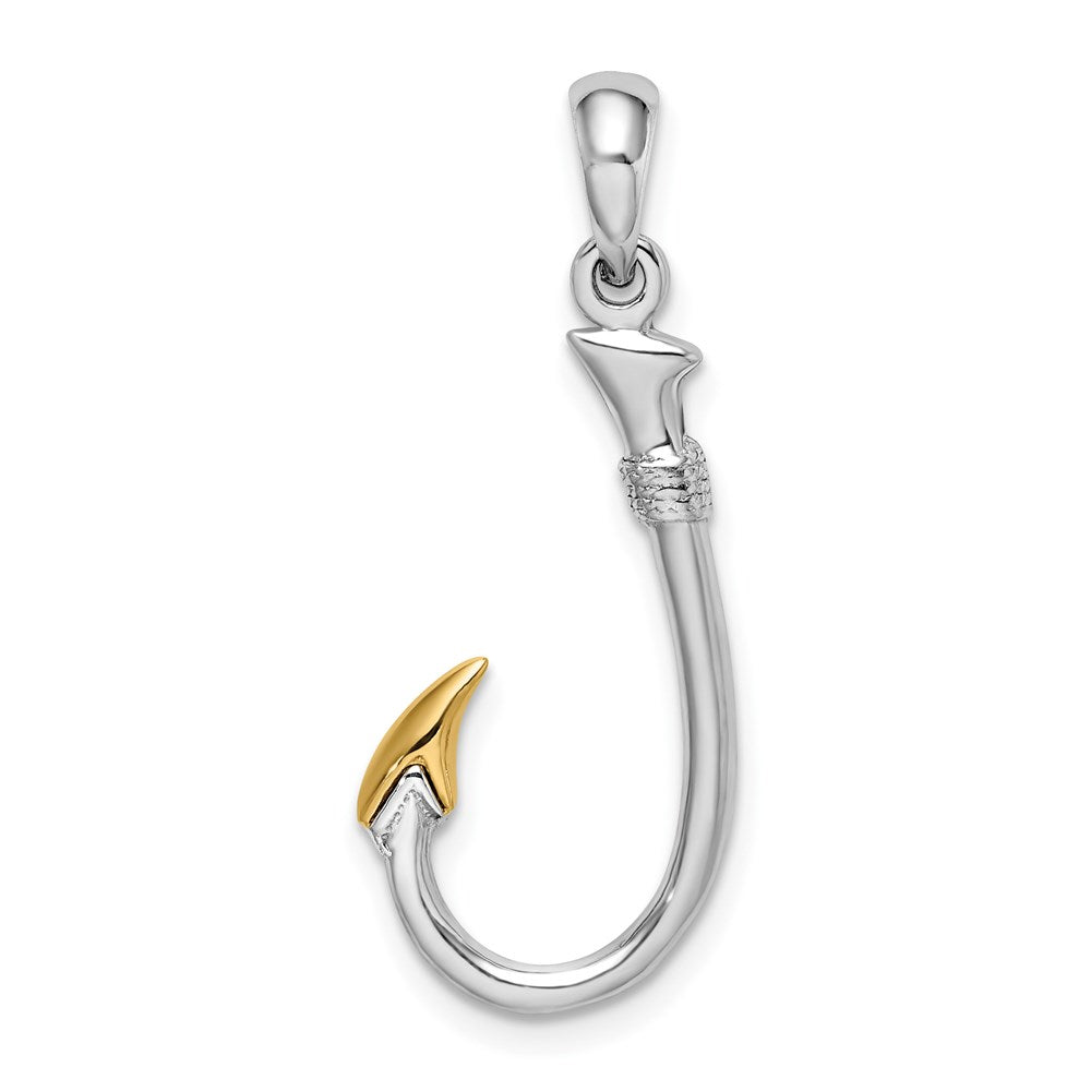 Sterling Silver Rhodium-plated 3D Fish Hook w/14k Accent Pendant