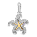 Sterling Silver Rhodium-plated Textured Starfish w/14k Accent Pendant