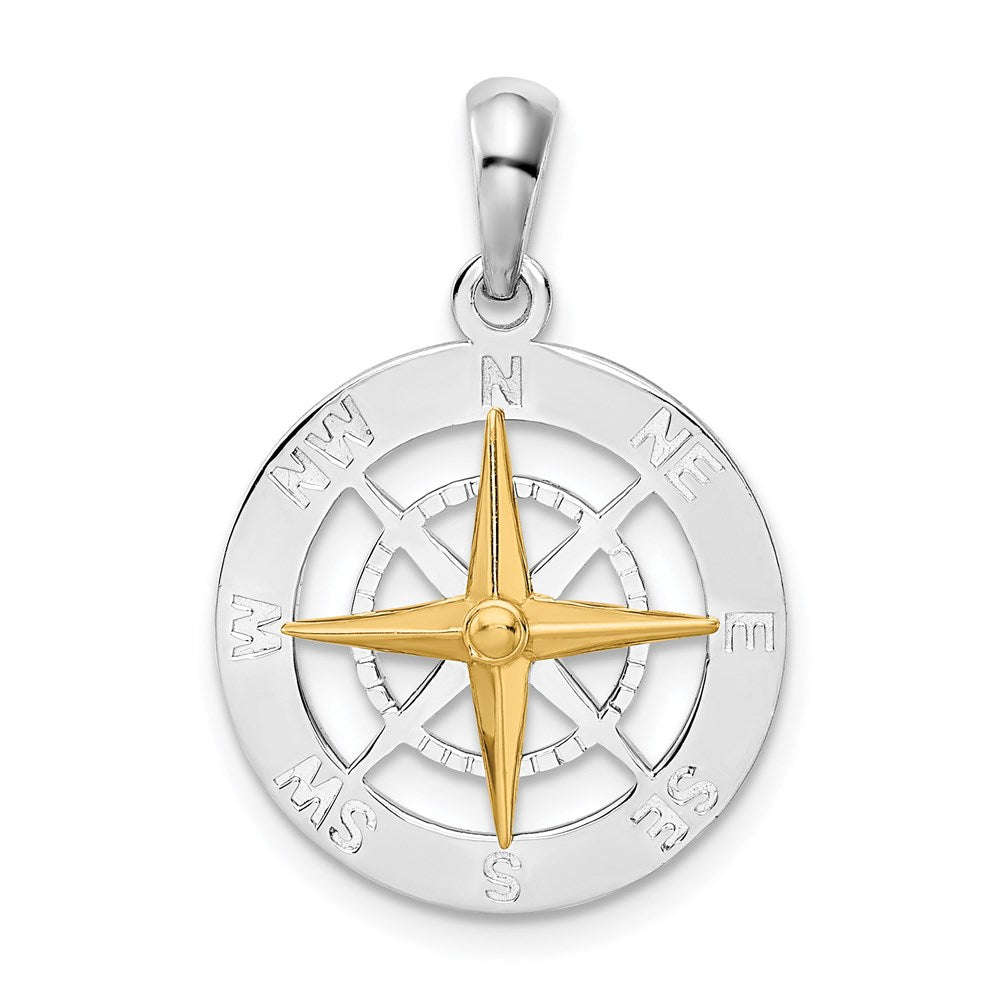 Sterling Silver Rhodium-plated Small Compass w/14k Needle Pendant