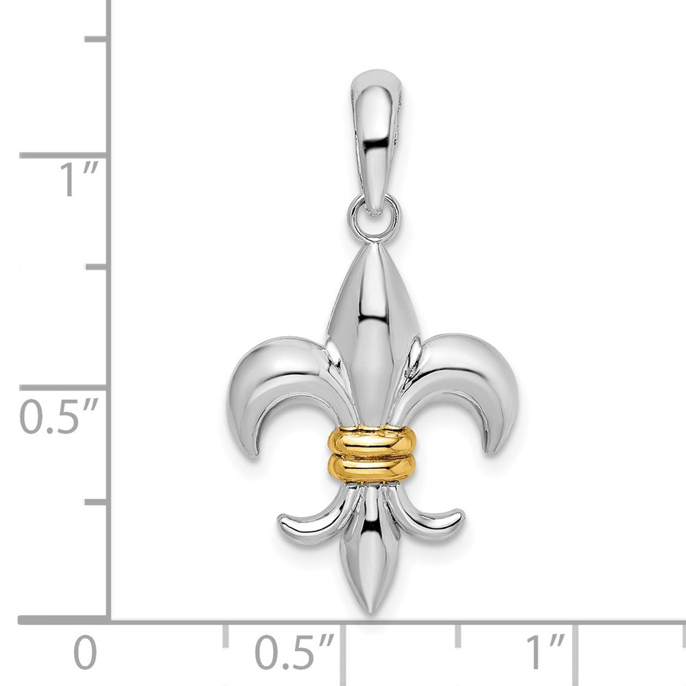 Sterling Silver Rhodium-plated Polished Fleur de Lis w/14k Accent Pendant