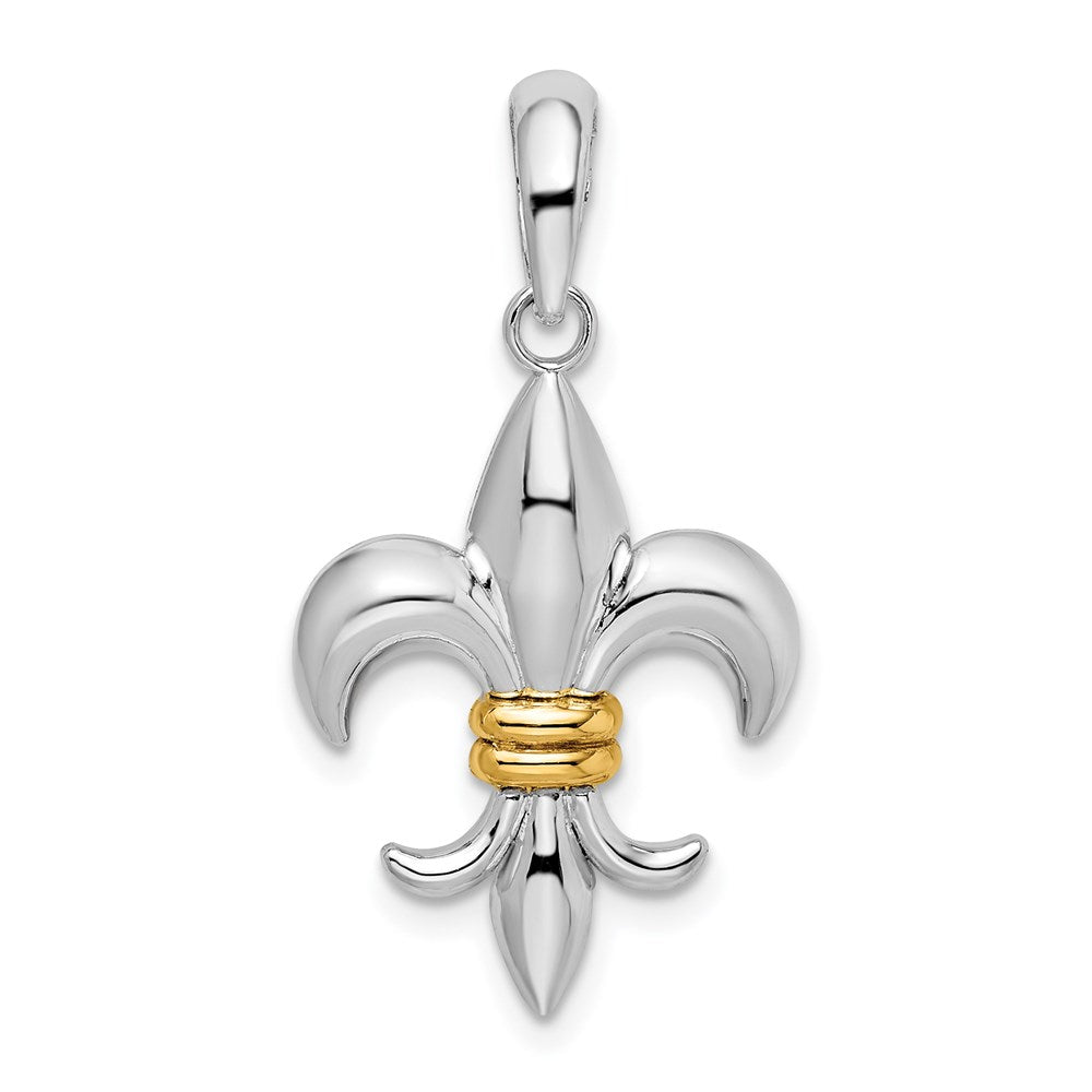 Sterling Silver Rhodium-plated Polished Fleur de Lis w/14k Accent Pendant