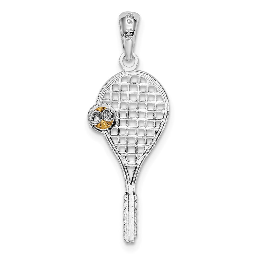 Sterling Silver Rhod-plated Polished Tennis Racquet w/14k Ball Pendant