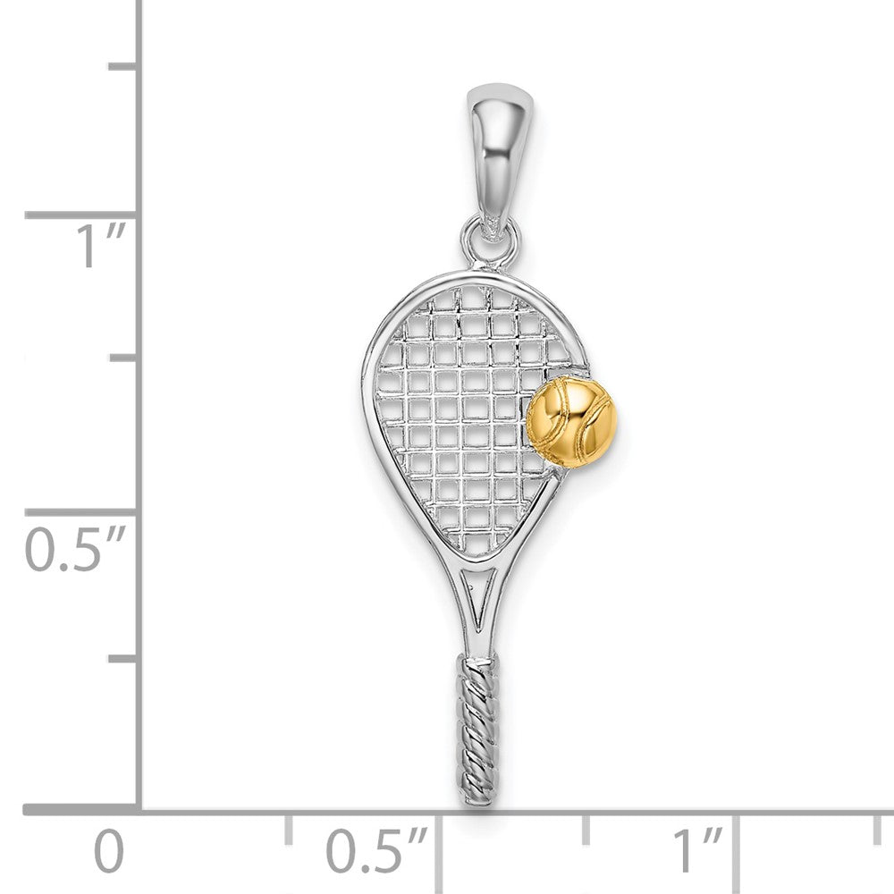 Sterling Silver Rhod-plated Polished Tennis Racquet w/14k Ball Pendant