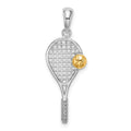 Sterling Silver Rhod-plated Polished Tennis Racquet w/14k Ball Pendant