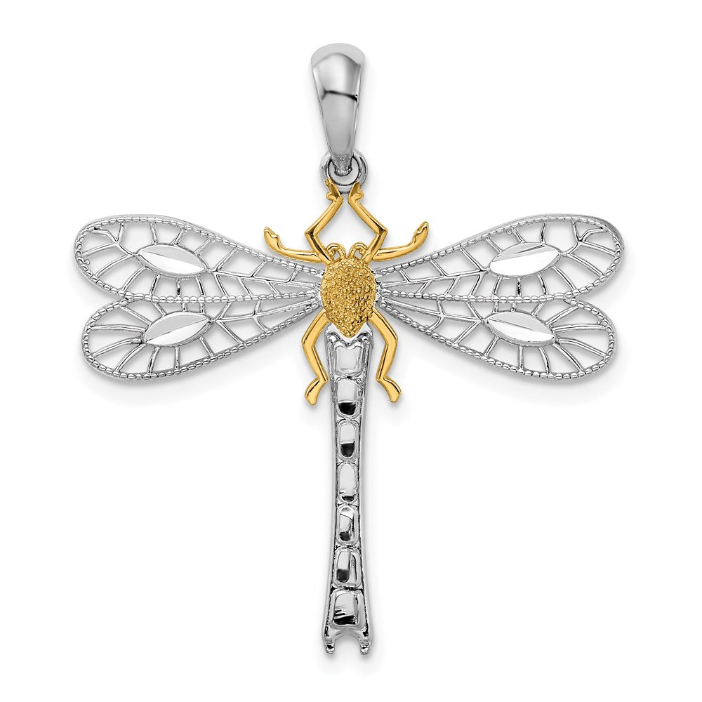 Sterling Silver Rhodium-plated Polished Dragonfly w/14k Accent Pendant