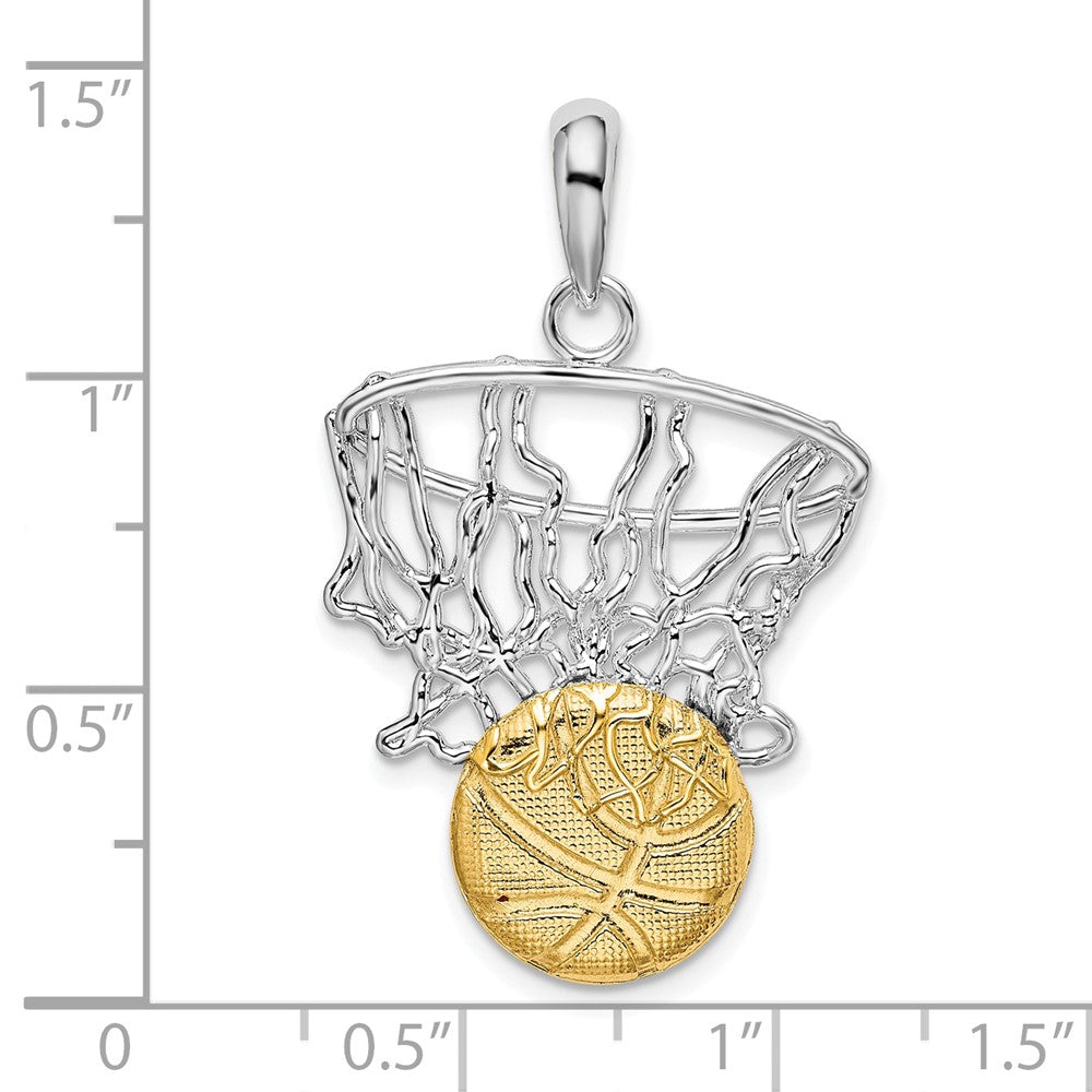 Sterling Silver Rhodium-plated Polished Net w/14k Basketball Pendant