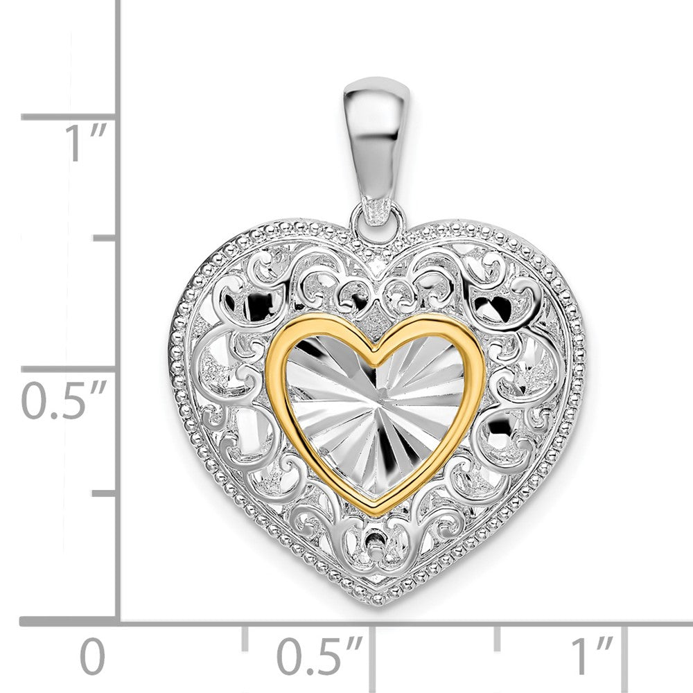 Sterling Silver Rhodium-plated Polished Heart w/14k Accent Pendant