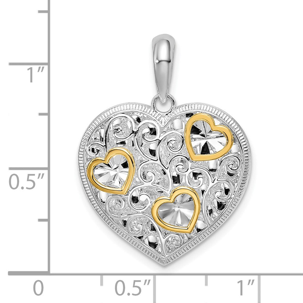 Sterling Silver Rhodium-plated Fancy Heart w/14k Accents Pendant