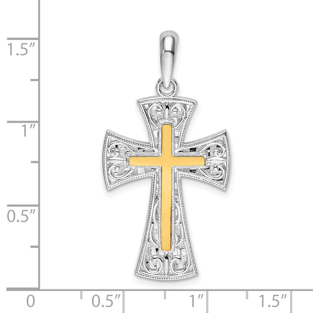 Sterling Silver Rhod-plated Polished Fancy Cross w/14k Accent Pendant