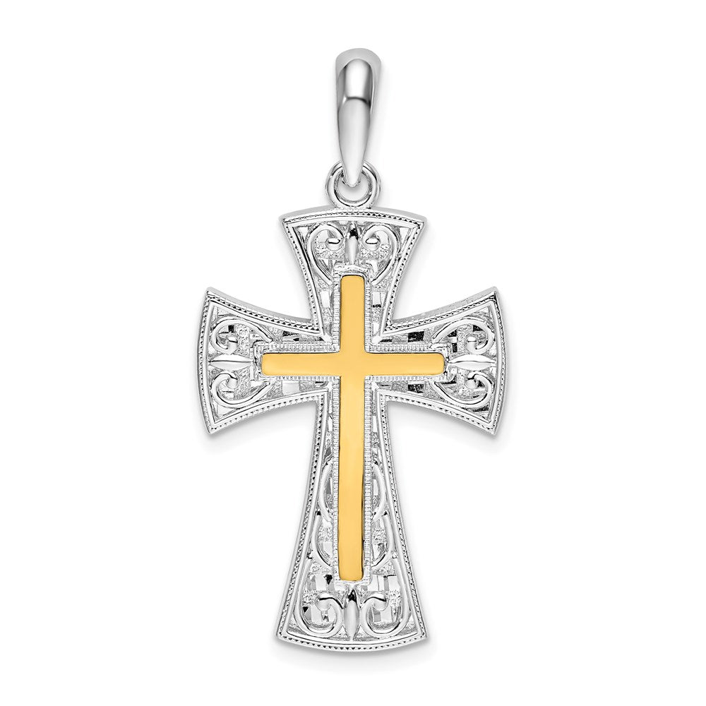 Sterling Silver Rhod-plated Polished Fancy Cross w/14k Accent Pendant