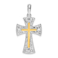 Sterling Silver Rhod-plated Polished Fancy Cross w/14k Accent Pendant