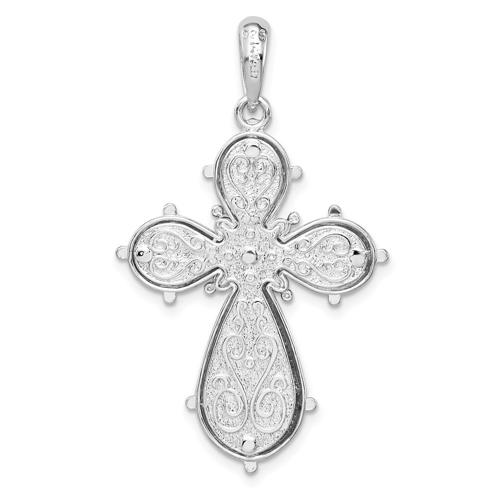 Sterling Silver Rhod-plated Polished Filigree Cross w/14k Accent Pendant