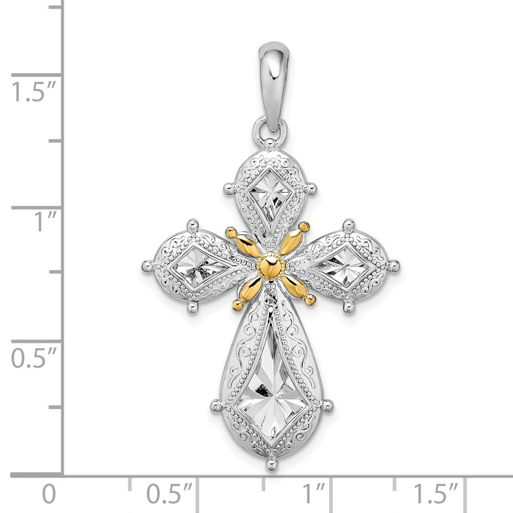 Sterling Silver Rhod-plated Polished Filigree Cross w/14k Accent Pendant