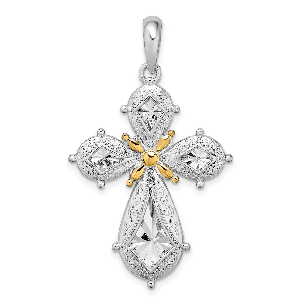 Sterling Silver Rhod-plated Polished Filigree Cross w/14k Accent Pendant