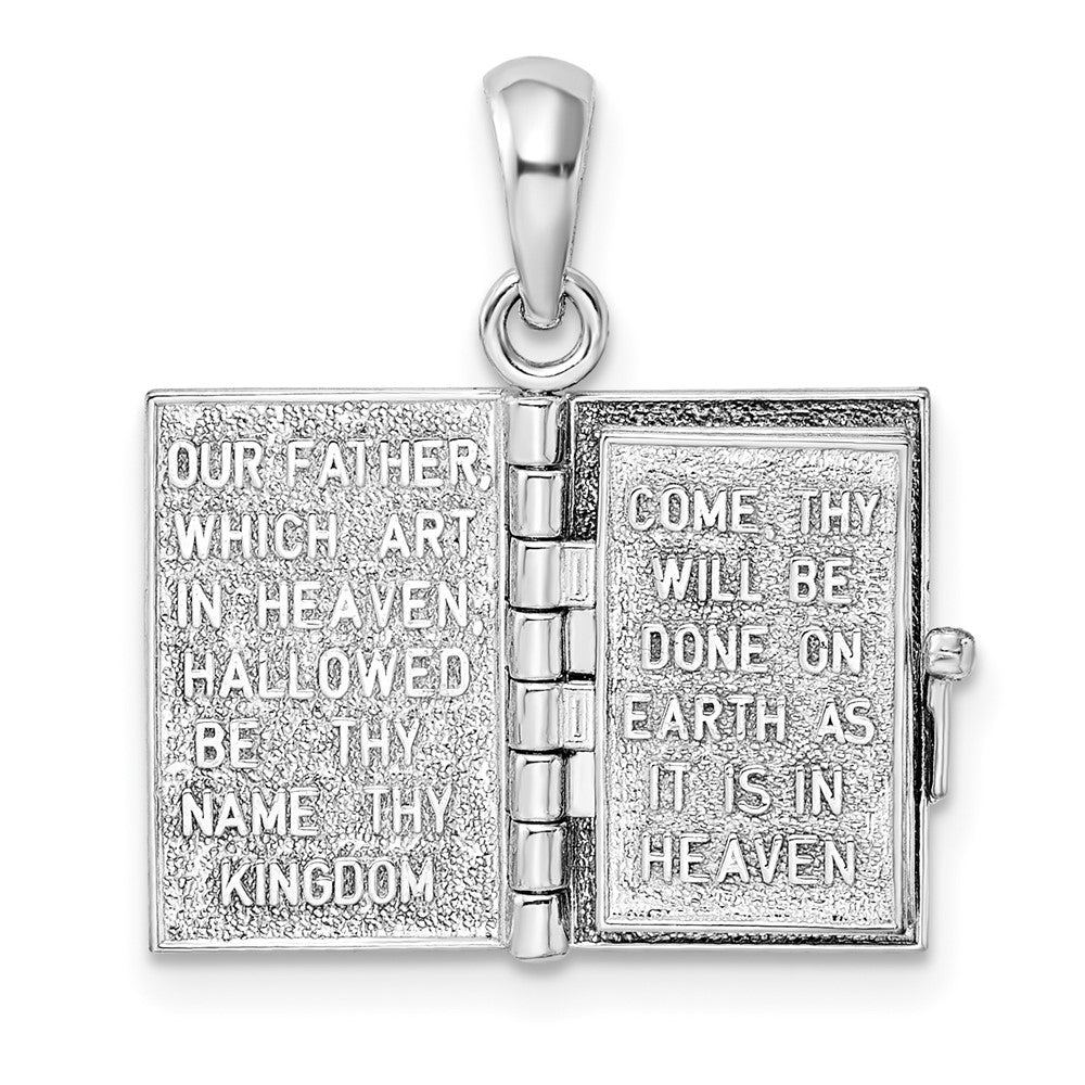 Sterling Silver Rhod-plted 3D Lords Prayer Holy Bible w/14k Pendant