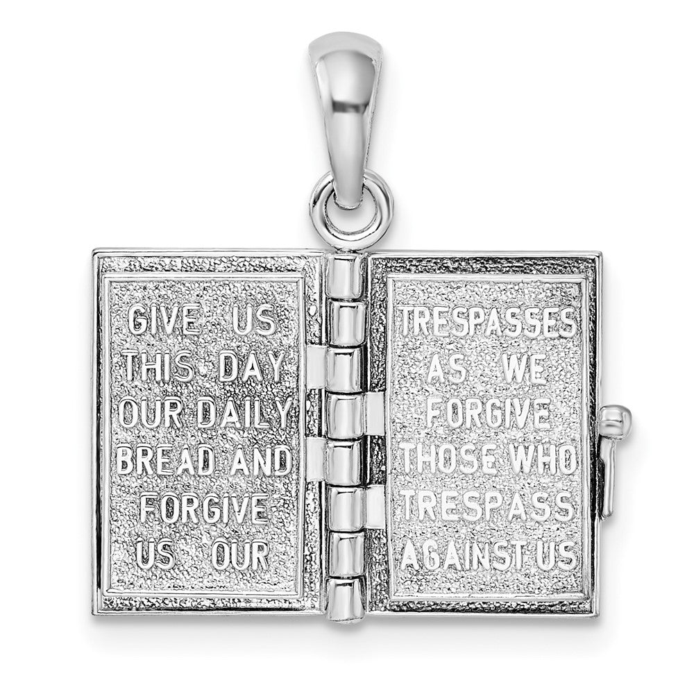 Sterling Silver Rhod-plted 3D Lords Prayer Holy Bible w/14k Pendant