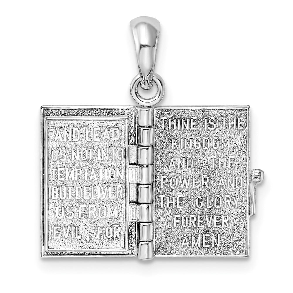 Sterling Silver Rhod-plted 3D Lords Prayer Holy Bible w/14k Pendant