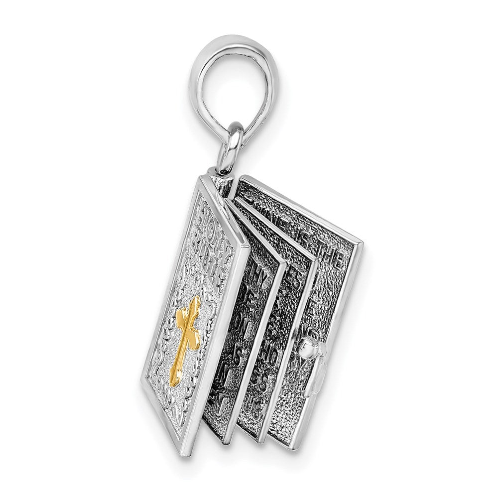 Sterling Silver Rhod-plted 3D Lords Prayer Holy Bible w/14k Pendant